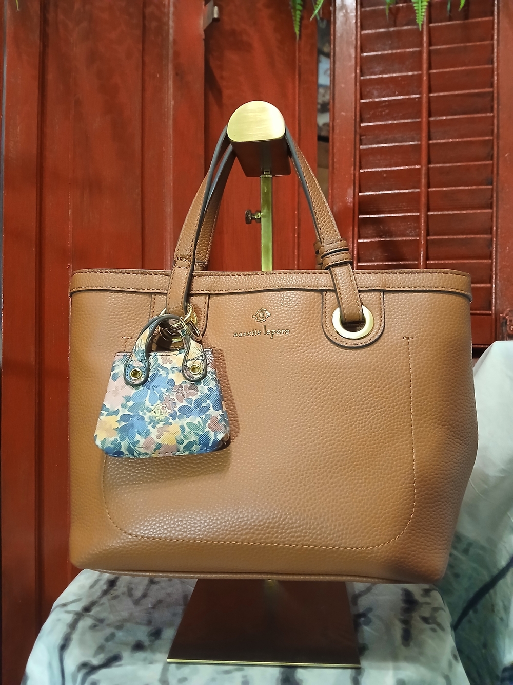 Nanette Lapore Pebbled Bag with Floral Mini Bag Bag Charm And Shoulder Strap